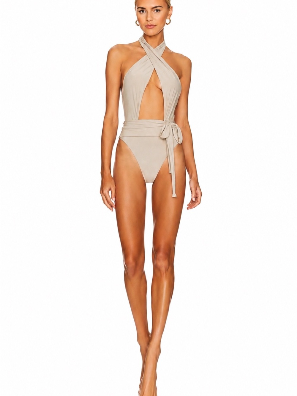 PQ Swim Alex One Piece Swimsuit Oyster Beige Cutout Halter Wrap Size S